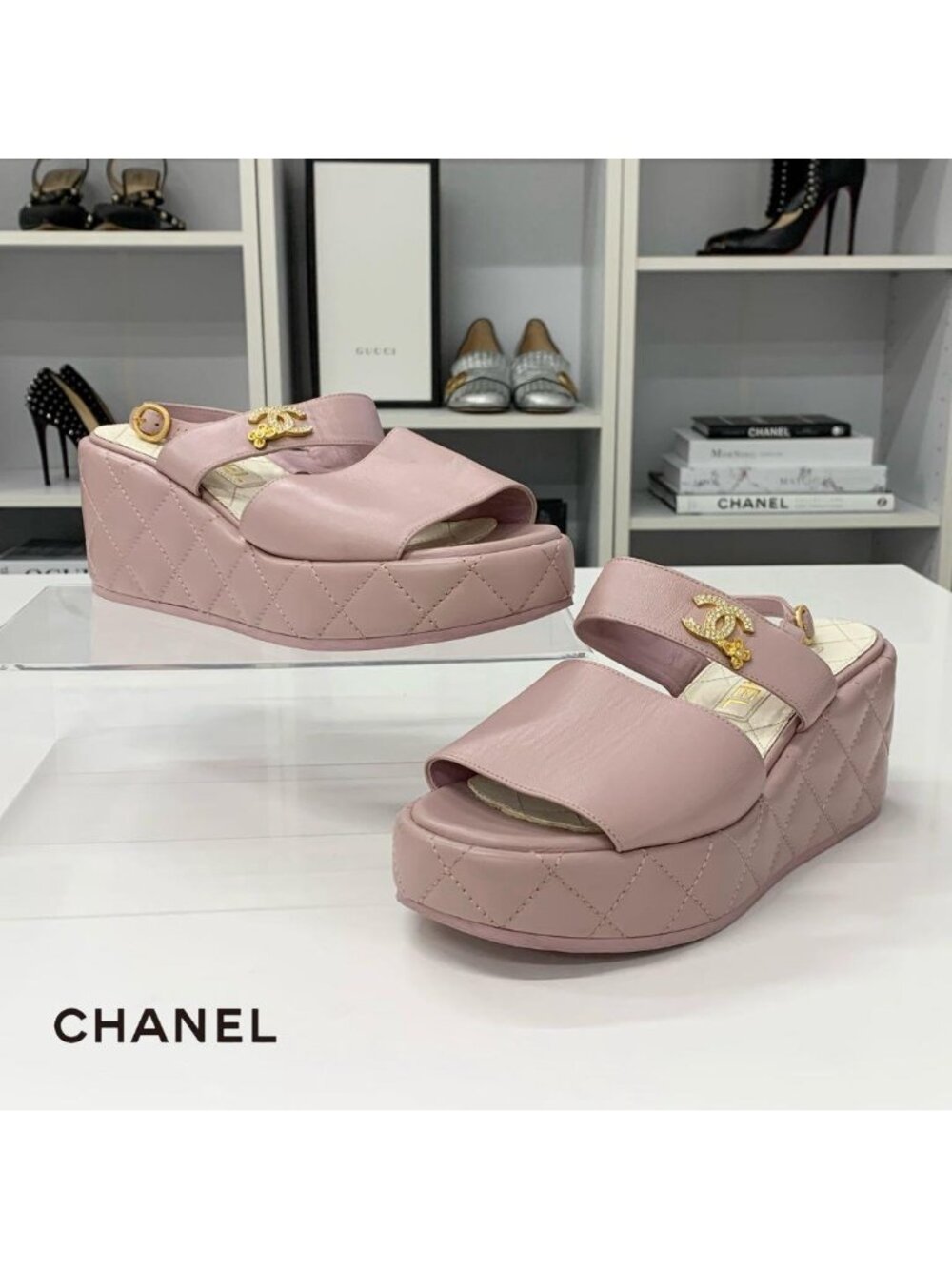 Chanel CC Logo Quilted Leather Wedge Sole Sandals